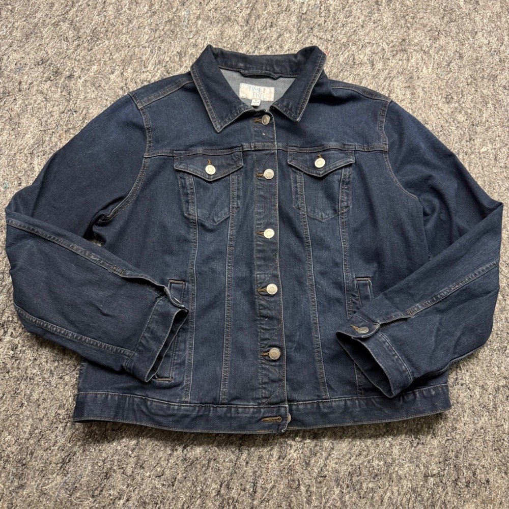 Time and Tru Womens XL Dark Wash Denim Jacket Stretch Blue Jean Trucker Jacket